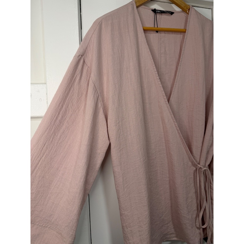 Zara Women Blush Pink Linen Blend Wrap Top Long Sleeve Kimono Style NWOT Medium - Picture 9 of 14